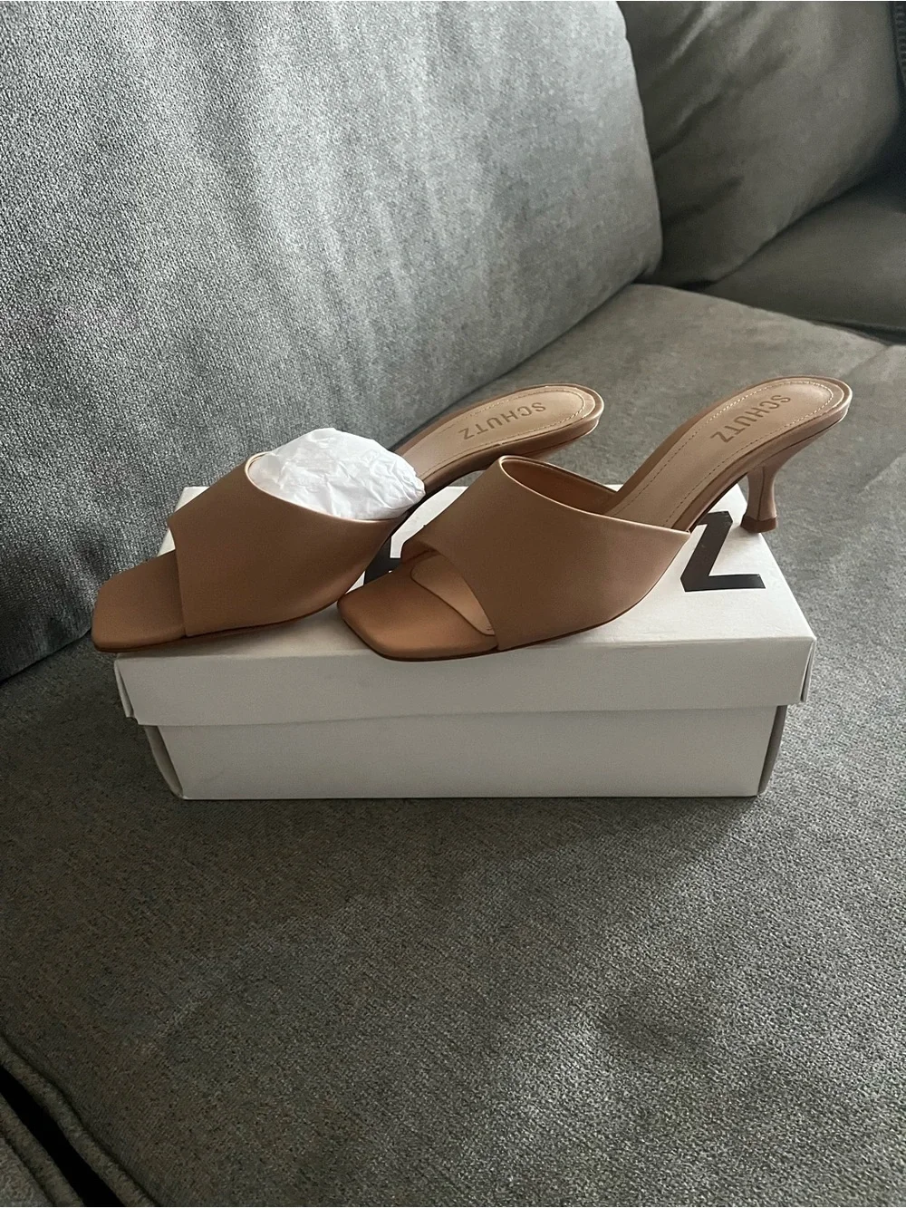 SCHUTZ Brand New Tan Brown Square Toe Slide Mules